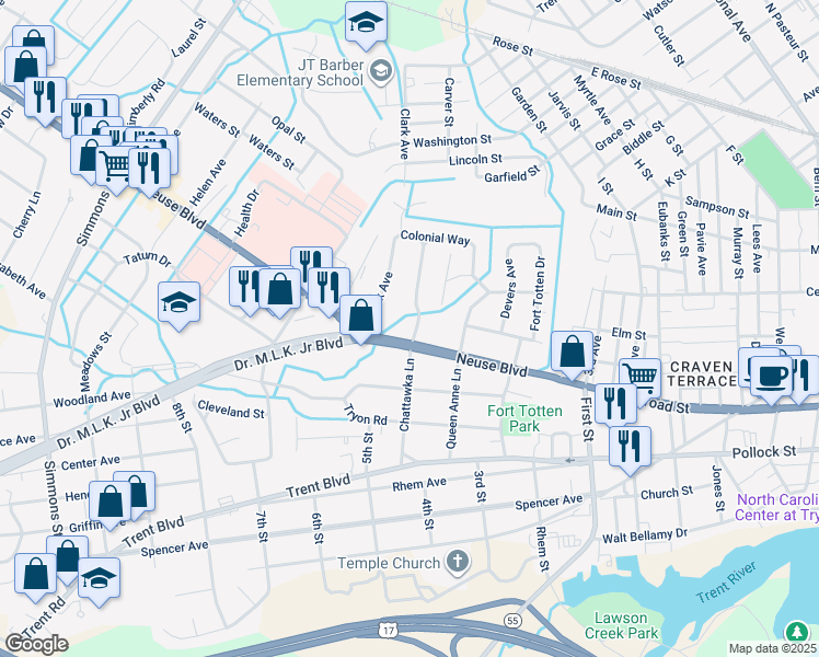 map of restaurants, bars, coffee shops, grocery stores, and more near 1700 Neuse Boulevard in New Bern