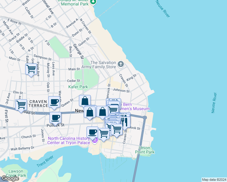 map of restaurants, bars, coffee shops, grocery stores, and more near 411 Johnson Street in New Bern