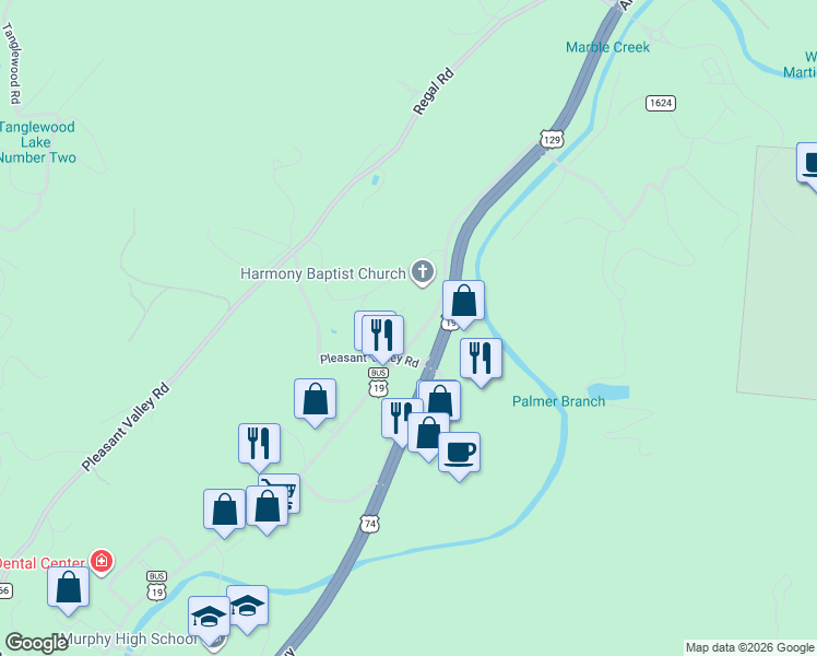 map of restaurants, bars, coffee shops, grocery stores, and more near 1611 State Road 1368 in Murphy