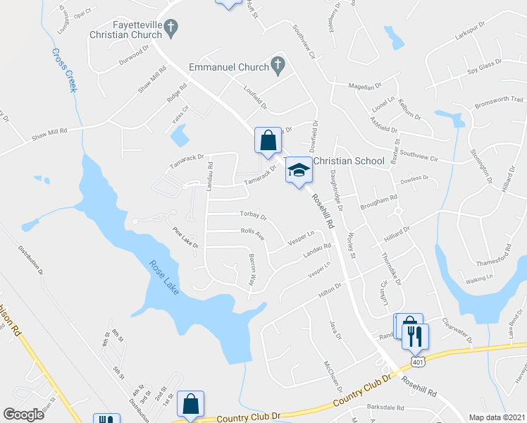 map of restaurants, bars, coffee shops, grocery stores, and more near 3300 Rhodhiss Court in Fayetteville