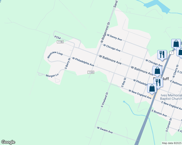 map of restaurants, bars, coffee shops, grocery stores, and more near South Ridgecrest Street in Moore County