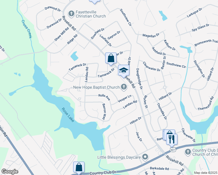 map of restaurants, bars, coffee shops, grocery stores, and more near 3300 Rhodhiss Court in Fayetteville