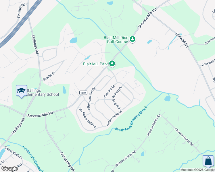 map of restaurants, bars, coffee shops, grocery stores, and more near 2032 Blue Iris Drive in Stallings