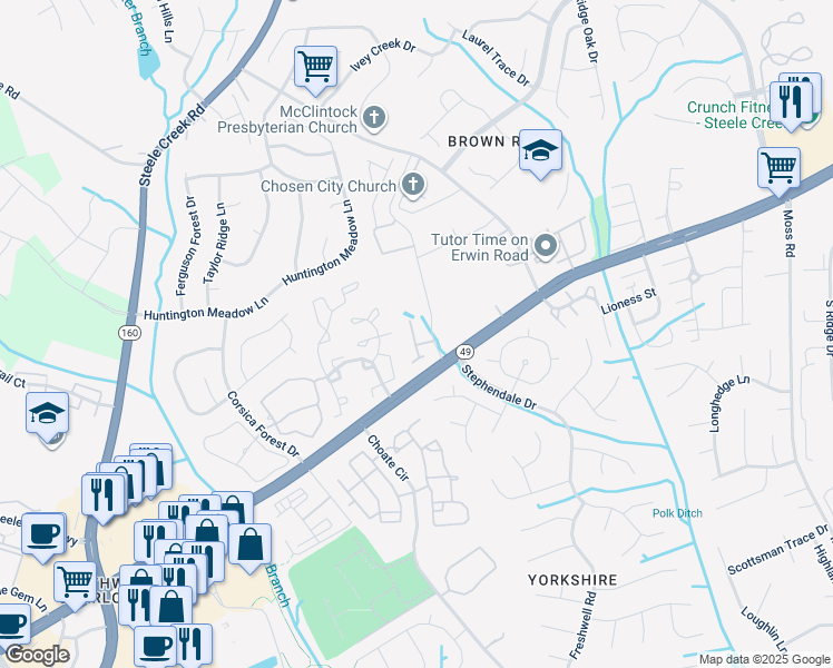map of restaurants, bars, coffee shops, grocery stores, and more near 12100 South Tryon Street in Charlotte