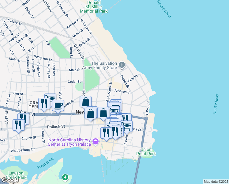 map of restaurants, bars, coffee shops, grocery stores, and more near 411 Johnson Street in New Bern