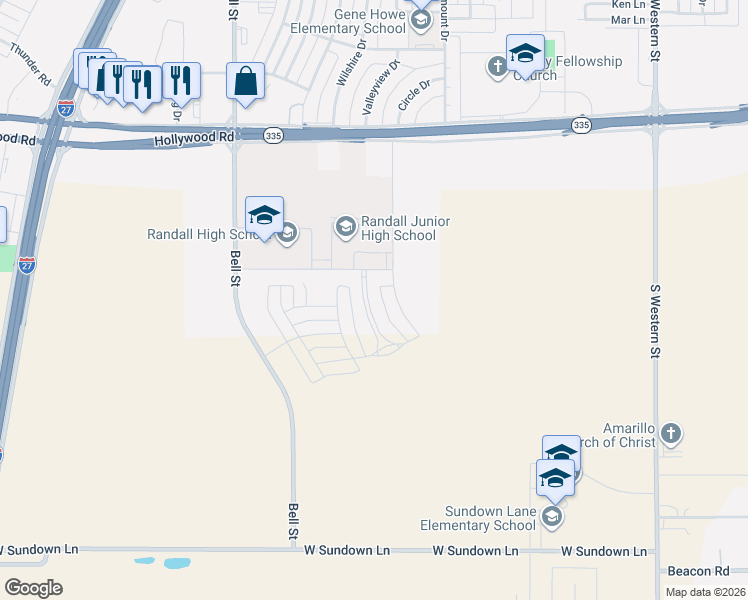 map of restaurants, bars, coffee shops, grocery stores, and more near 5868 Attebury Drive in Amarillo