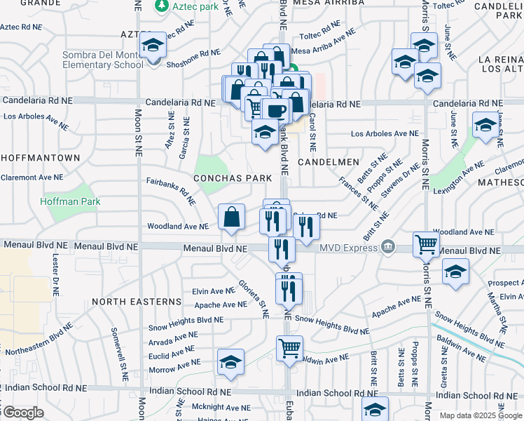 map of restaurants, bars, coffee shops, grocery stores, and more near 9609 Salem Road Northeast in Albuquerque