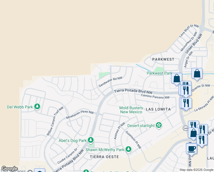 map of restaurants, bars, coffee shops, grocery stores, and more near 8716 Warm Springs Road Northwest in Albuquerque