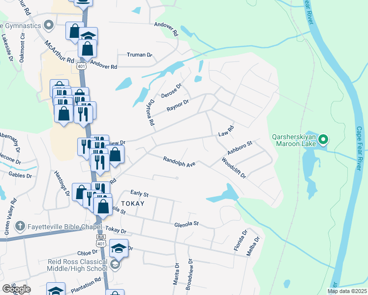 map of restaurants, bars, coffee shops, grocery stores, and more near 3719 Betts Drive in Fayetteville