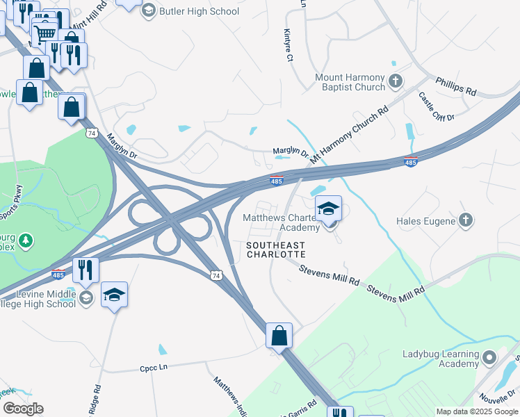 map of restaurants, bars, coffee shops, grocery stores, and more near 3117 Glenn Hope Way in Matthews
