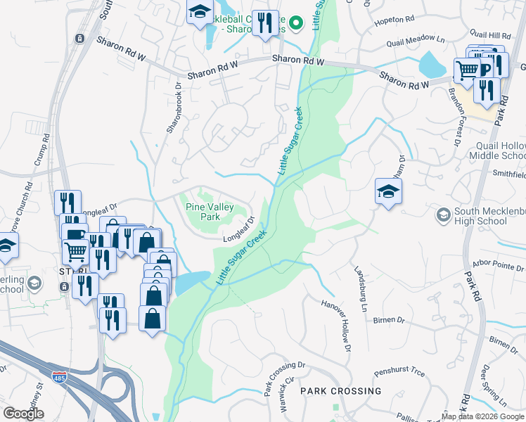 map of restaurants, bars, coffee shops, grocery stores, and more near 2113 Longleaf Drive in Charlotte