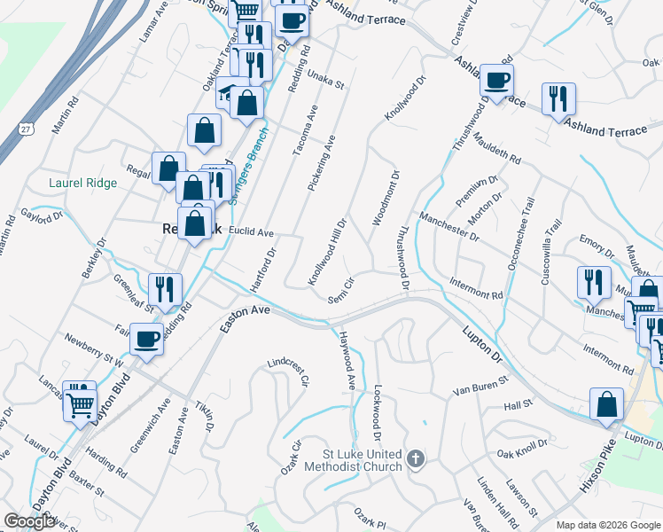map of restaurants, bars, coffee shops, grocery stores, and more near 535 Semi Circle in Chattanooga