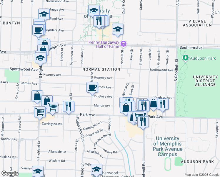 map of restaurants, bars, coffee shops, grocery stores, and more near 3805 Carnes Avenue in Memphis