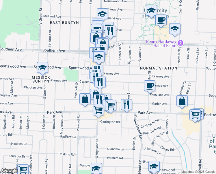 map of restaurants, bars, coffee shops, grocery stores, and more near 3537 Clayphil Avenue in Memphis