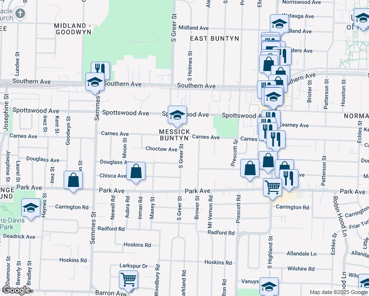 map of restaurants, bars, coffee shops, grocery stores, and more near 780 South Greer Street in Memphis