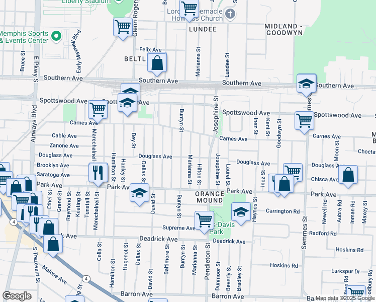 map of restaurants, bars, coffee shops, grocery stores, and more near 789 Marianna Street in Memphis