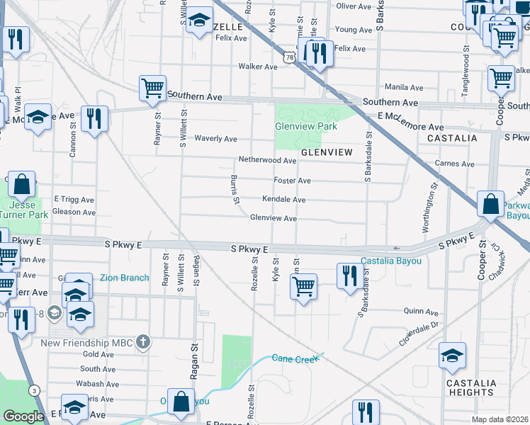 map of restaurants, bars, coffee shops, grocery stores, and more near 1691 Glenview Avenue in Memphis