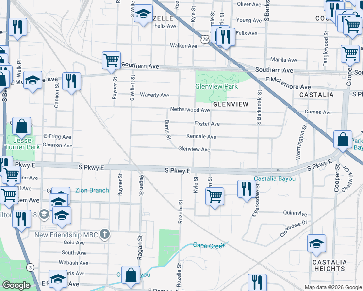 map of restaurants, bars, coffee shops, grocery stores, and more near 1691 Glenview Avenue in Memphis