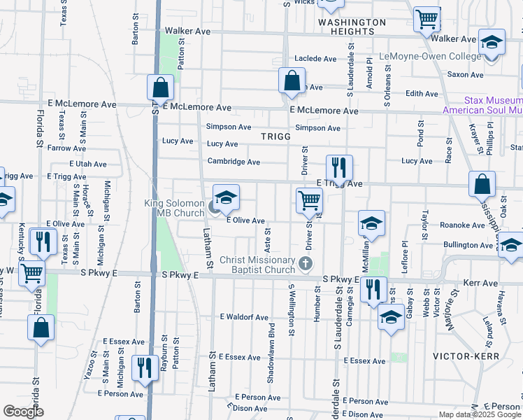 map of restaurants, bars, coffee shops, grocery stores, and more near 430 East Olive Avenue in Memphis