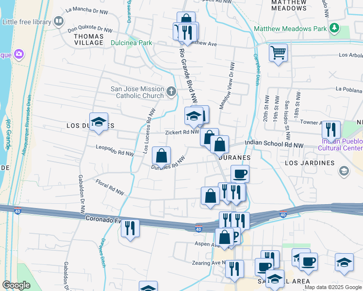 map of restaurants, bars, coffee shops, grocery stores, and more near 2501 Indian School Road Northwest in Albuquerque
