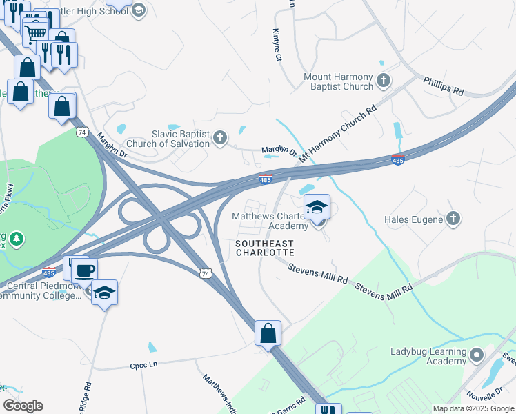 map of restaurants, bars, coffee shops, grocery stores, and more near 2307 Mount Harmony Church Road in Matthews