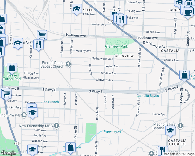 map of restaurants, bars, coffee shops, grocery stores, and more near 1691 Glenview Avenue in Memphis