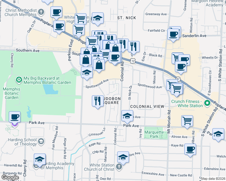 map of restaurants, bars, coffee shops, grocery stores, and more near 4745 Gladeside Drive in Memphis