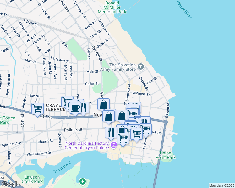 map of restaurants, bars, coffee shops, grocery stores, and more near 518 Metcalf Street in New Bern