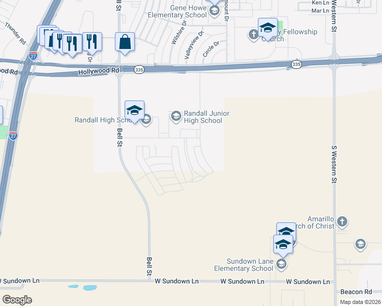 map of restaurants, bars, coffee shops, grocery stores, and more near 5868 Attebury Drive in Amarillo