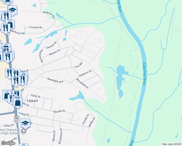 map of restaurants, bars, coffee shops, grocery stores, and more near 725 Rockwood Drive in Fayetteville