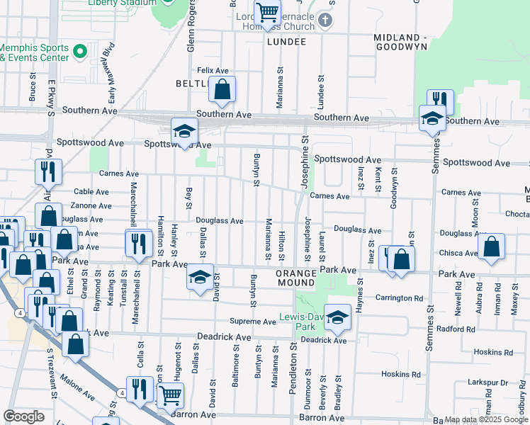map of restaurants, bars, coffee shops, grocery stores, and more near 789 Marianna Street in Memphis