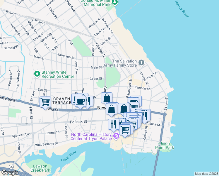 map of restaurants, bars, coffee shops, grocery stores, and more near 615 Queen Street in New Bern