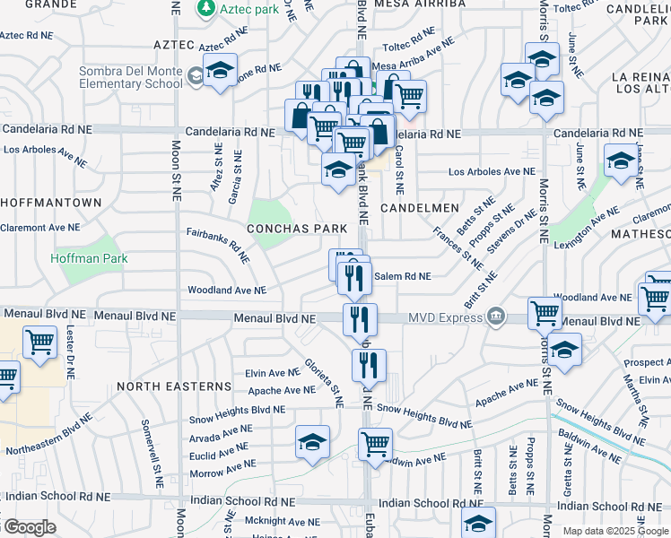 map of restaurants, bars, coffee shops, grocery stores, and more near 9609 Salem Road Northeast in Albuquerque
