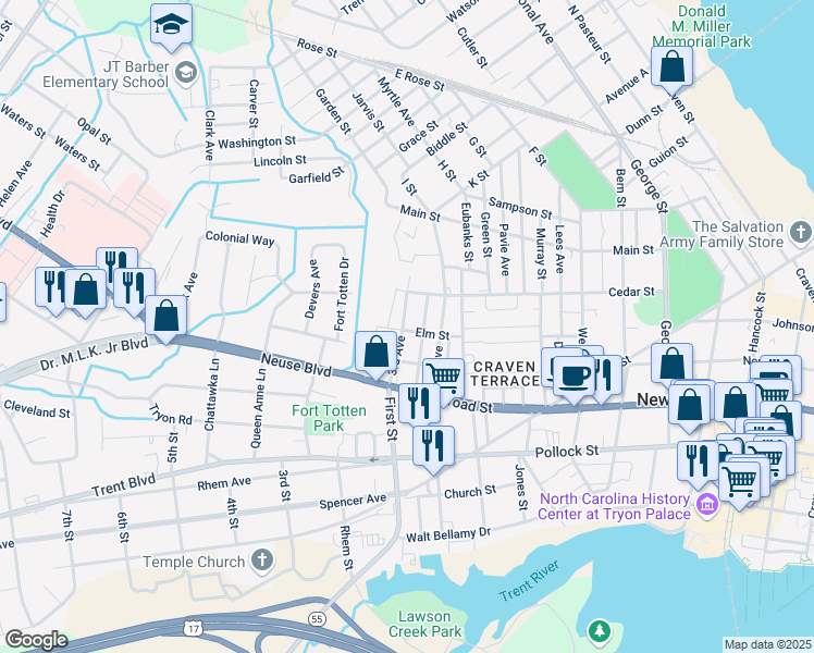 map of restaurants, bars, coffee shops, grocery stores, and more near 623 3rd Avenue in New Bern