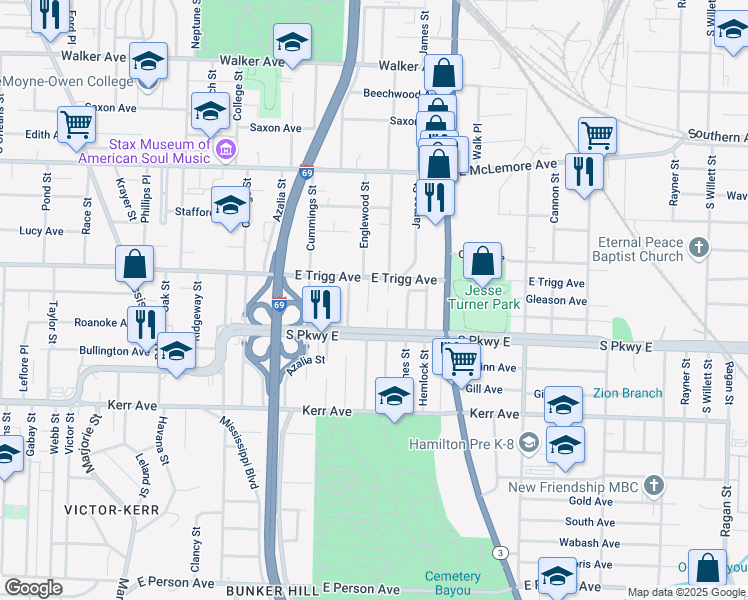 map of restaurants, bars, coffee shops, grocery stores, and more near 1319 Woodward Street in Memphis