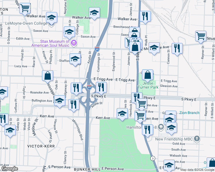 map of restaurants, bars, coffee shops, grocery stores, and more near 1319 Woodward Street in Memphis