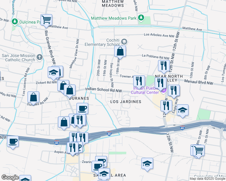 map of restaurants, bars, coffee shops, grocery stores, and more near 1812 Indian School Road Northwest in Albuquerque