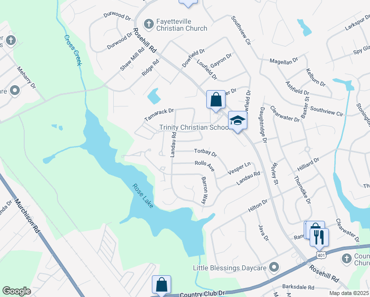 map of restaurants, bars, coffee shops, grocery stores, and more near 3580 Torbay Drive in Fayetteville