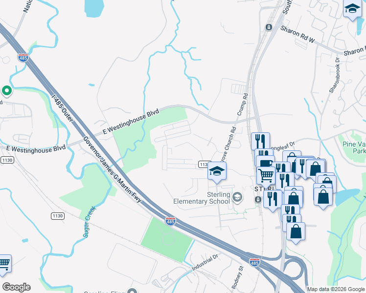 map of restaurants, bars, coffee shops, grocery stores, and more near 912 Aileen Circle in Pineville