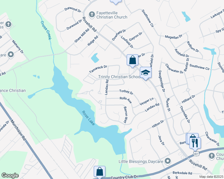 map of restaurants, bars, coffee shops, grocery stores, and more near 3588 Torbay Drive in Fayetteville