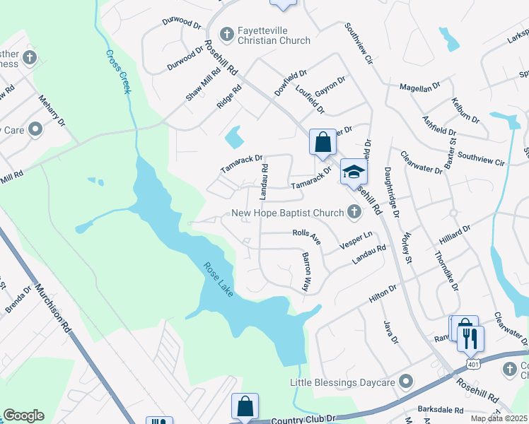 map of restaurants, bars, coffee shops, grocery stores, and more near 3598 Torbay Drive in Fayetteville