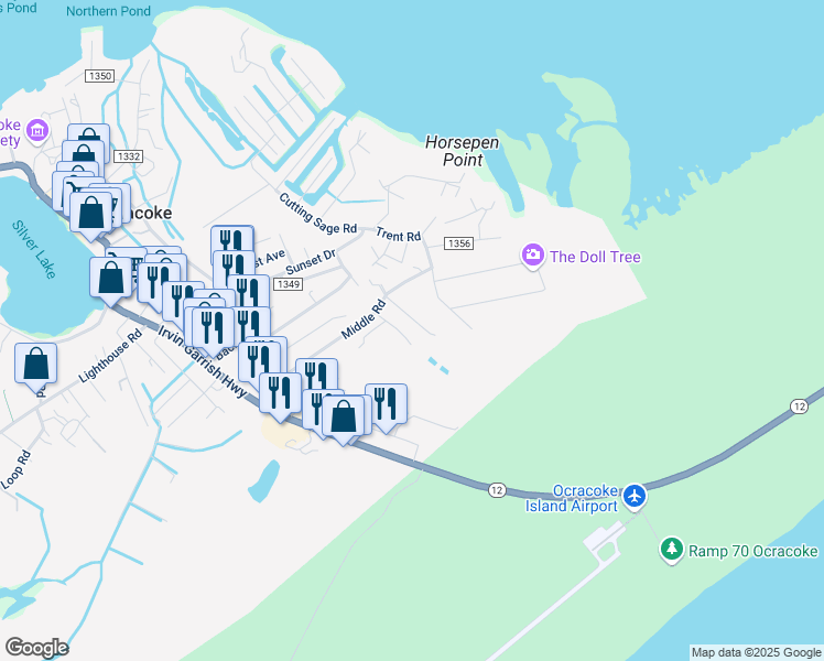 map of restaurants, bars, coffee shops, grocery stores, and more near 54 Maurice Ballance Road in Ocracoke
