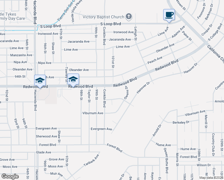 map of restaurants, bars, coffee shops, grocery stores, and more near 19937 Conklin Boulevard in California City