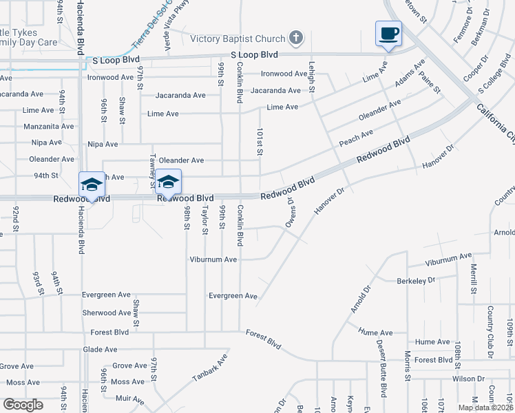 map of restaurants, bars, coffee shops, grocery stores, and more near Redwood Boulevard in California City