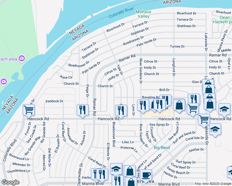 map of restaurants, bars, coffee shops, grocery stores, and more near 1638 Bluebonnet Boulevard in Bullhead City