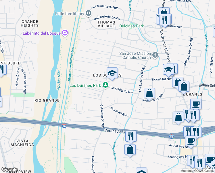 map of restaurants, bars, coffee shops, grocery stores, and more near 1600 Gabaldon Road Northwest in Albuquerque