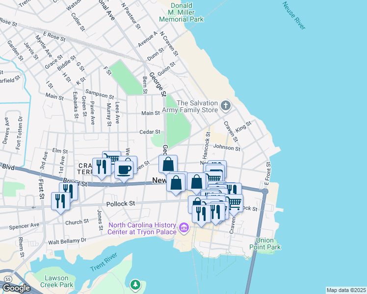 map of restaurants, bars, coffee shops, grocery stores, and more near 605 Johnson Street in New Bern