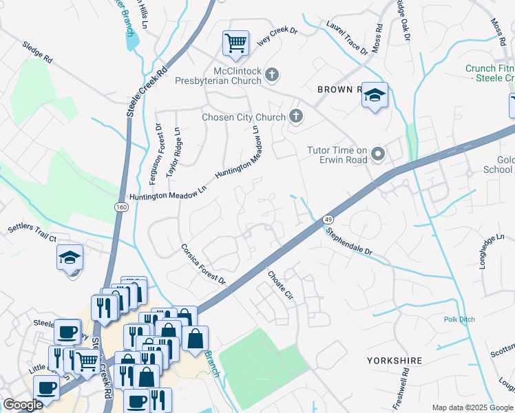 map of restaurants, bars, coffee shops, grocery stores, and more near 12934 Sickles Drive in Charlotte