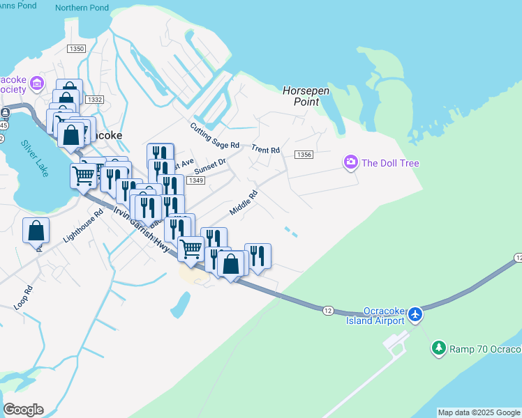 map of restaurants, bars, coffee shops, grocery stores, and more near 54 Maurice Ballance Road in Ocracoke