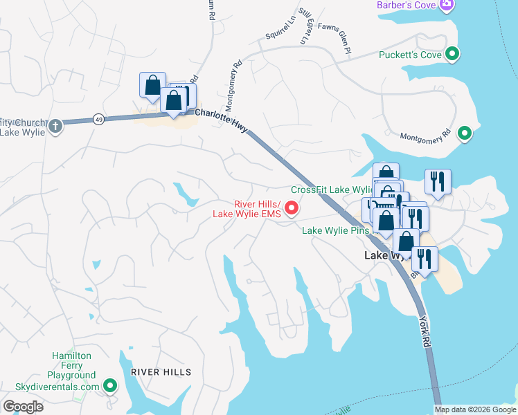 map of restaurants, bars, coffee shops, grocery stores, and more near 23 Tanglewood Road in Clover